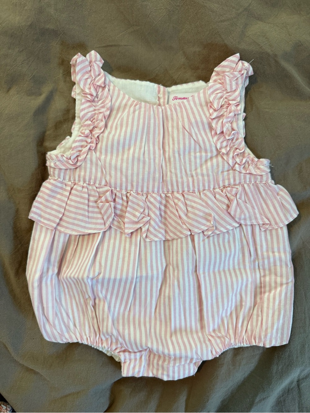 Tommy Bahama Pink & White Striped Ruffle Baby Bubble Romper